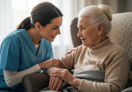 Smiling young caregiver in blue scrubs offers compassionate support, holding hands with a senior woman sitting in an armchair, symbolizing care and assistance.の素材