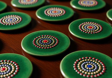 Artisanal emerald green earthenware coasters arranged on a wooden surface, each featuring a vibrant, intricate dotted mandala pattern in red, blue, gold, and white colors.の素材