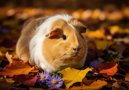 Fluffy texel guinea pig with cream and ginger fur sitting among colorful autumn leaves and small purple flowers in natural light.の素材