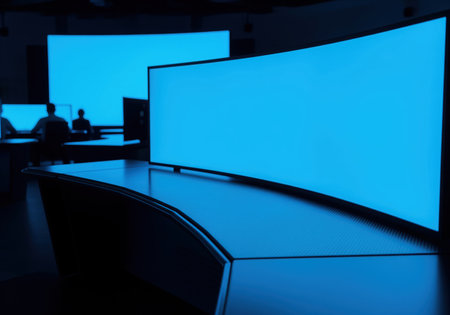 Modern control room with a prominent curved blue screen, ideal for displaying complex data, geological information, or surveillance feeds. blurred figures operate other workstations in the background.の素材