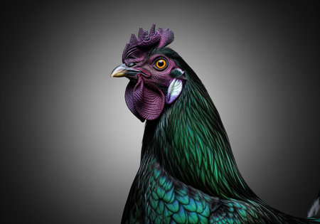 Striking rooster portrait showcasing iridescent green and blue feathers, purple comb, and yellow eye against a dark background. detailed farm animal.の素材