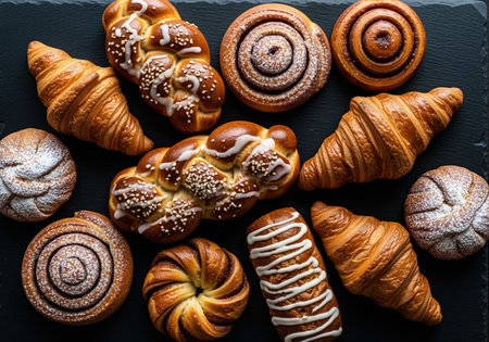 Assortment of golden brown croissants, sweet braided buns with icing, and cinnamon rolls with powdered sugar, artfully arranged on a dark surface. delicious bakery concept.の素材