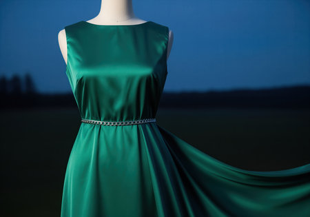 Sleek emerald green satin evening dress draped on a mannequin, featuring a delicate silver chain belt. the luxurious fabric flows elegantly against a dark, blurred outdoor background, highlighting its rich texture and sophisticated design.の素材