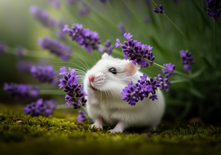 Adorable fluffy white dwarf hamster with tiny pink nose peeking through vibrant purple lavender flowers on green mossy ground in a natural garden setting. small animal in nature.の素材