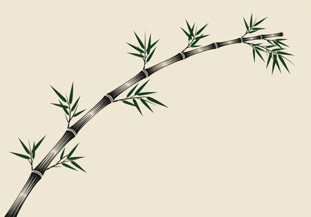 Elegant bamboo stalk with dark green leaves, stylized in a traditional japanese art print. features a graceful curve, evoking asian culture, nature, and tranquility.の素材