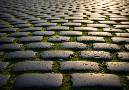 Antique cobblestone street with textured grey stones and lush green moss growing between the cracks. detailed surface illuminated by soft light, creating a rustic and natural pattern.の素材