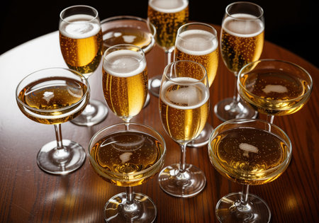 Sparkling golden champagne fills various elegant glass flutes and coupes arranged on a rich wooden table. perfect for celebrations, luxury, and festive occasions.の素材