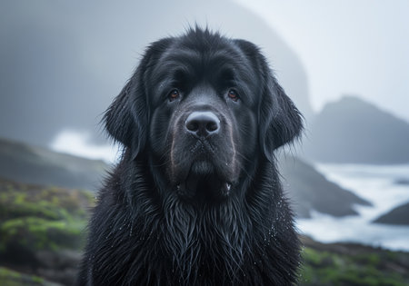 Majestic black newfoundland dog with wet, dense fur looking directly at the viewer. coastal landscape with misty cliffs and ocean waves in the background, conveying strength and loyalty.の素材