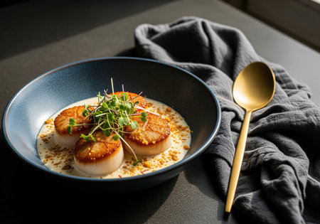Perfectly pan seared scallops in a rich creamy saffron sauce, garnished with fresh microgreens and crunchy topping, served in a blue bowl with a golden spoon.の素材