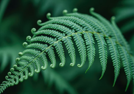 Vibrant green fern frond, delicately covered in tiny, crystalline raindrops, showcasing natural beauty and fresh growth in a lush forest environment. focus on texture and detail.の素材