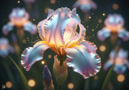 Vibrant iridescent iris flower with glowing petals and sparkling light particles, surrounded by soft bokeh. a magical bloom in a fantasy garden, highlighting beauty and ethereal glow.の素材