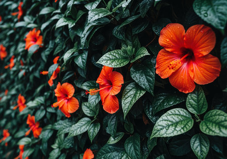 Lush wall of vibrant orange hibiscus flowers and dark green leaves with glistening water droplets, creating a fresh tropical nature scene.の素材