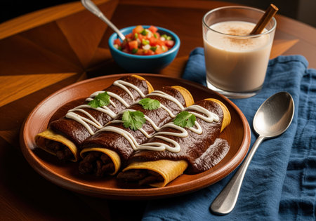Traditional mexican beef enchiladas covered in rich mole sauce, topped with crema and fresh cilantro. served with pico de gallo and a glass of horchata, showcasing authentic cuisine.の素材