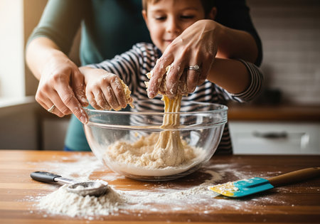Mother and son hands mixing dough in a clear glass bowl on a wooden table. family baking activity, fostering connection and culinary learning in a home kitchen setting.の素材