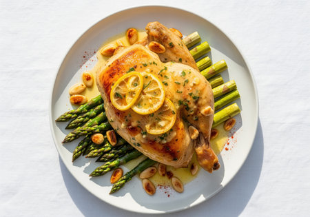 Golden roasted chicken served with lemon herb glaze, fresh green asparagus, and toasted almond slivers on a white plate. a gourmet meal, healthy dinner, and delicious food concept.の素材