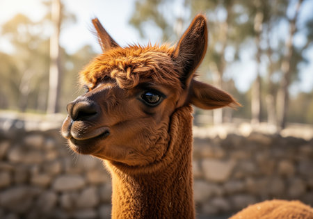 Brown alpaca close up portrait, featuring soft, textured fur and expressive dark eyes. head tilted slightly, observing its natural outdoor environment with blurred trees and stone wall.の素材