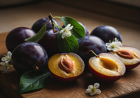 Deep purple ripe plums, some whole and some halved revealing golden flesh and pit, arranged with fresh green leaves and delicate white blossoms on a rustic wooden surface. healthy, organic fruit.の素材