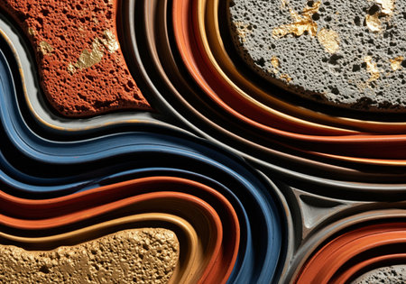 Tangible three dimensional sculpture with heavy textures, wavy patterns, and earthy colors, highlighted by gold leaf details. organic shapes and fluid lines create a dynamic abstract composition.の素材