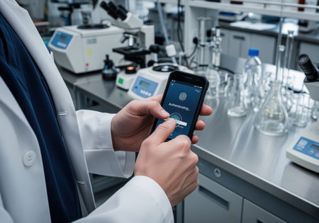 Scientist in a white lab coat authenticating a smartphone using fingerprint recognition technology in a modern research laboratory with scientific equipment.の素材