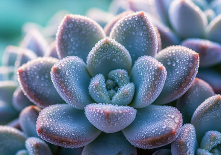 Succulent plant with thick, fleshy leaves covered in sparkling water droplets. pastel blue and purple hues create a serene and fresh natural texture, highlighting growth and vitality.の素材