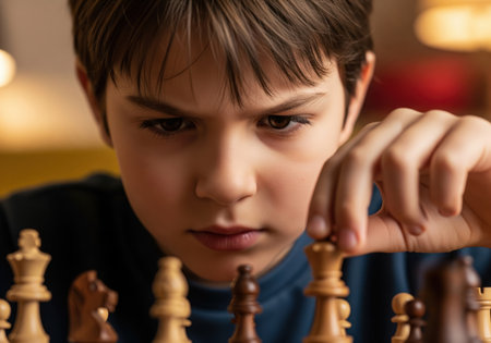 Young boy intensely focused on a chess game, contemplating his next strategic move. concentration, intelligence, and a competitive spirit are evident in his expression.の素材