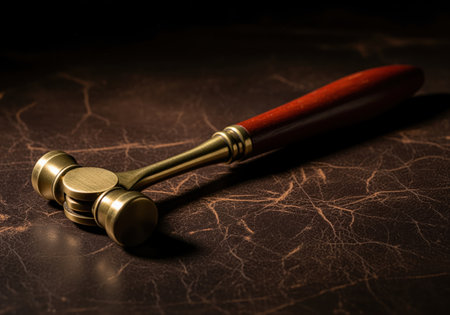 Vintage babinski reflex hammer with a brass head and rich wooden handle, resting on a dark, textured surface under dramatic lighting. symbolizes medical diagnosis, neurology, and antique tools.の素材