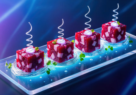 Meticulously sculpted plant based meat cubes made from vibrant crimson beetroot and white coconut oil, presented on a glowing glass tray with artistic garnish, symbolizing future food innovation and gourmet dining.の素材