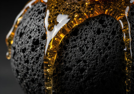Golden amber liquid slowly drips down a dark, rough, porous surface, creating a striking contrast of smooth flow and coarse texture. abstract close up.の素材