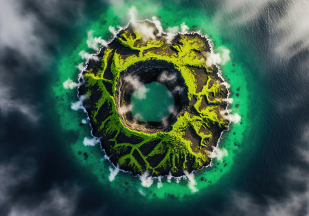 Aerial view of a unique volcanic caldera island featuring vibrant green moss on dark rock formations. surrounded by swirling emerald green water and atmospheric mist, creating an otherworldly natural landscape.の素材