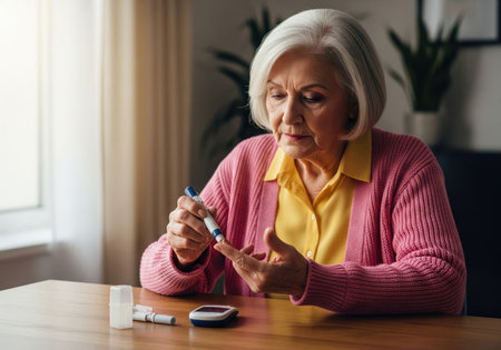 Elderly woman with white hair performing a blood glucose test on her finger using a lancing device. a blood sugar meter is on the wooden table, indicating self care and health monitoring for diabetes.の素材