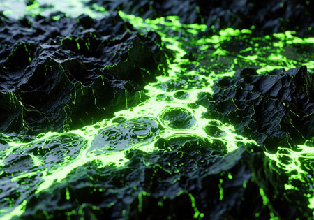 Rugged dark rock formations with bright green bioluminescent liquid streams. a mysterious and abstract terrain resembling a volcanic or alien environment with glowing energy.の素材