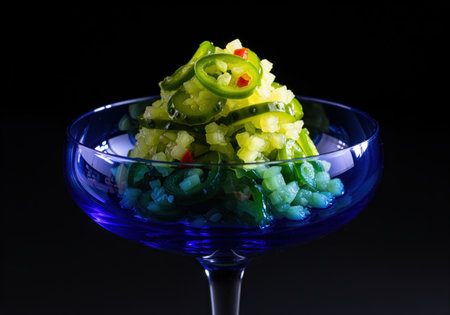 Vibrant green pickled cucumber and jalapeÃ±o relish, diced and sliced, presented as a shimmering mound in a blue stemmed glass. culinary art, gourmet food, and spicy flavor concept.の素材