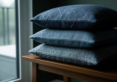 A close up view of three stacked square throw pillows featuring textured linen fabric in shades of deep indigo and blue. ideal for home decor, interior design, or textile concepts.の素材