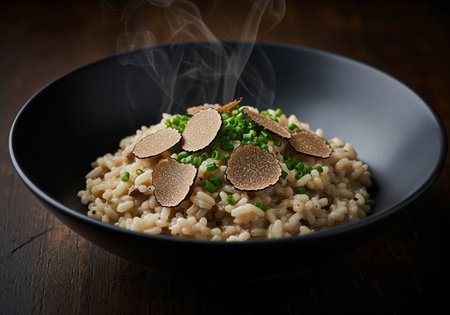 A luxurious bowl of steaming mushroom risotto, generously topped with delicate slices of black truffle and fresh chives, presented with dramatic lighting. perfect for gourmet dining visuals.の素材