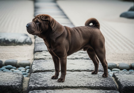 A striking dark brown shar pei dog stands confidently, showcasing its distinctive wrinkles and curled tail. ideal for pet care, breed features, or animal companionship themes.の素材