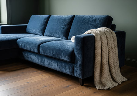 A plush blue velvet sectional sofa features a soft beige knitted throw blanket draped over its arm. this elegant and comfortable furniture piece is ideal for a modern living room or cozy home interior.の素材