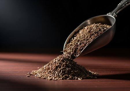 A close up shot of fragrant cumin seeds pouring from a decorative antique silver scoop, creating a small mound on a rich dark wooden surface. ideal for culinary, spice, or cooking related content.の素材