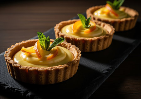 Three gourmet lemon curd tartlets are beautifully presented on a dark slate board. each dessert features a creamy yellow filling, crisp crust, and is garnished with orange zest and fresh mint leaves, perfect for a sophisticated treat.の素材