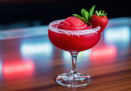 A vibrant, deep red frozen strawberry daiquiri cocktail is served in a wide, chilled coupe glass, garnished with a fresh strawberry and mint leaves, perfect for summer.の素材