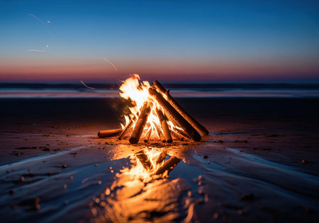 A vibrant bonfire glows warmly on a wet sandy beach, reflecting in the shallow water as twilight hues paint the sky above the ocean horizon. perfect for themes of relaxation, adventure, or evening gatherings.の素材