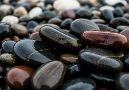 A cinematic close up shot of smooth, rounded river stones and polished pebbles, glistening with water. the varied textures and colors create a natural, calming background or foreground element.の素材