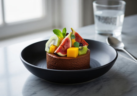 A sophisticated individual serving of rich chocolate mousse is artfully garnished with fresh figs, vibrant kiwi, and sweet mango cubes, presented in a black bowl.の素材