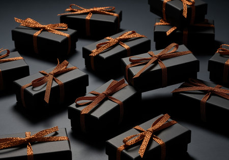 A dynamic arrangement of elegant black gift boxes, each adorned with a sparkling copper ribbon, perfect for luxury packaging or special occasion gifting.の素材