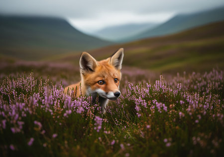 A curious red fox kit peeks cautiously from behind a cluster of vibrant purple heather, its bright, alert eyes observing the natural environment. this charming wildlife moment is ideal for nature themes.の素材