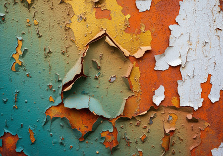 A compelling abstract texture showcases a vibrant, multi tonal distressed surface with layers of peeling paint. ideal for backgrounds, artistic projects, or graphic design.の素材