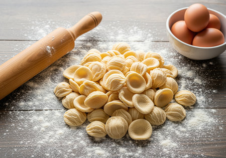 A close up view of uncooked orecchiette pasta piled on a wooden surface dusted with flour, alongside a wooden rolling pin and a bowl of fresh eggs, ready for italian cooking.の素材
