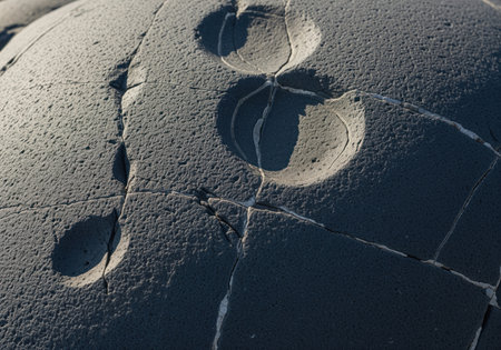 A detailed view of a dark grey basalt rock surface, featuring a rough, finely grained texture, intricate cracks, and distinct circular indentations. this natural pattern is ideal for backgrounds or geological themes.の素材