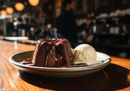 A steaming chocolate lava cake with rich chocolate sauce oozing out, served alongside a scoop of creamy vanilla ice cream on a plate. perfect for dessert menus or food blogs.の素材