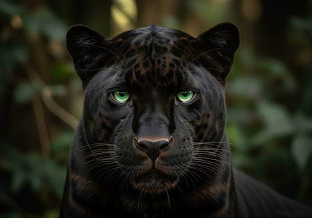 A striking close up animal portrait showcases a majestic black panther. its sleek dark fur and intense emerald green eyes create a powerful and captivating gaze.の素材