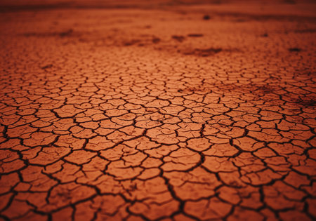A close up view of intensely dry, reddish ochre clay soil, featuring deep cracks that signify severe drought and arid conditions. this image can represent environmental challenges.の素材